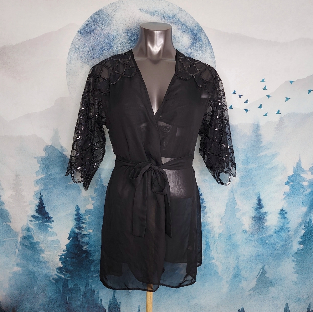 Dreamgirl Black Mesh Sequin Detailed Sexy Sheer Robe Small